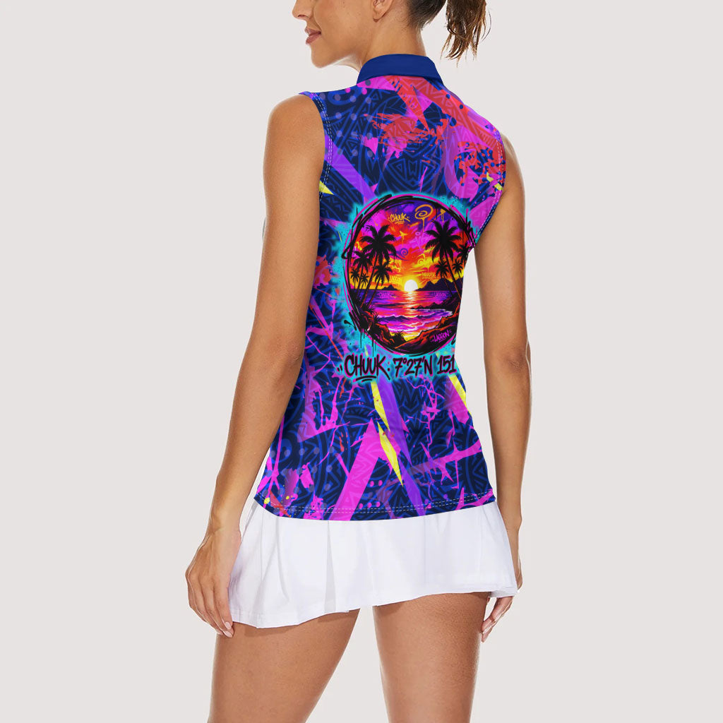 Chuuk Tropical Sunset Coordinates Women Sleeveless Polo Shirt Neon Graffiti Polynesian Tribal