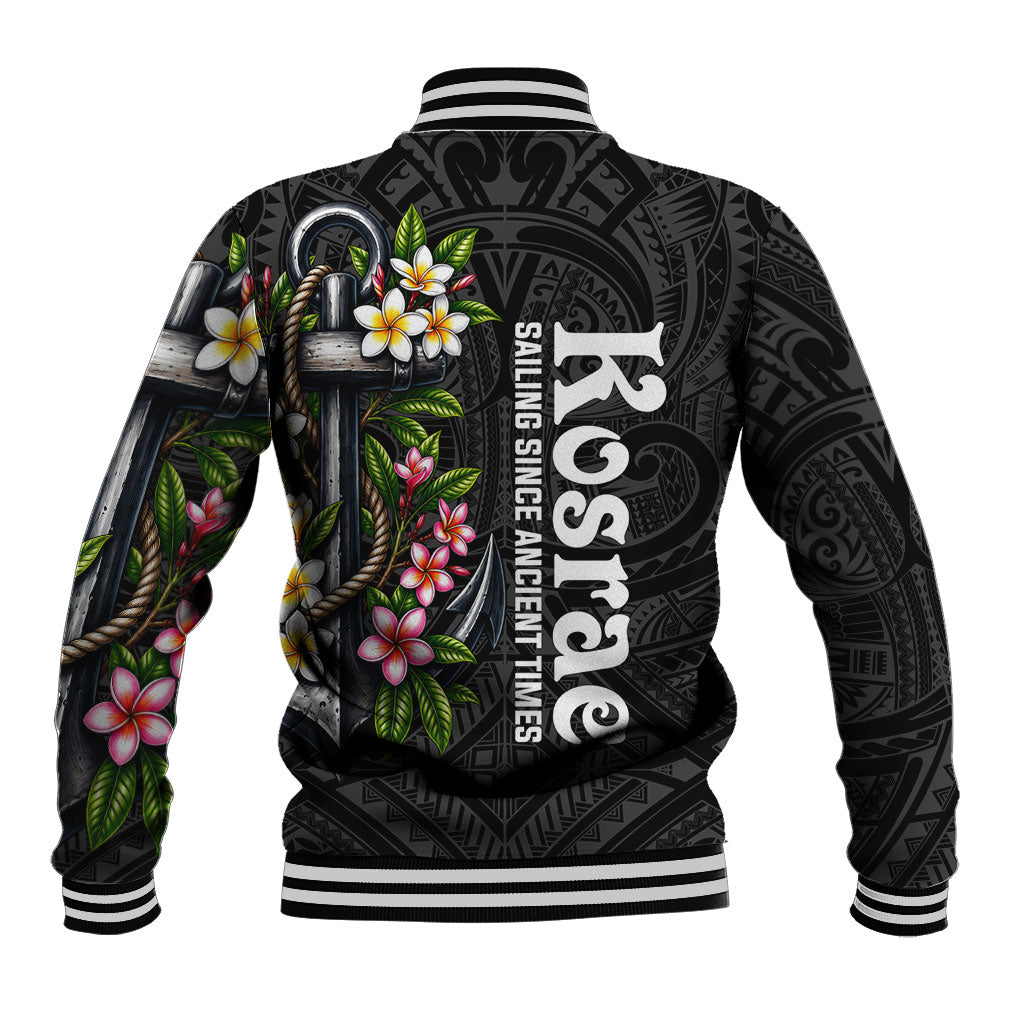 Kosrae Nautical Heritage Baseball Jacket Polynesian Tribal Anchor With Plumeria Tropical Art