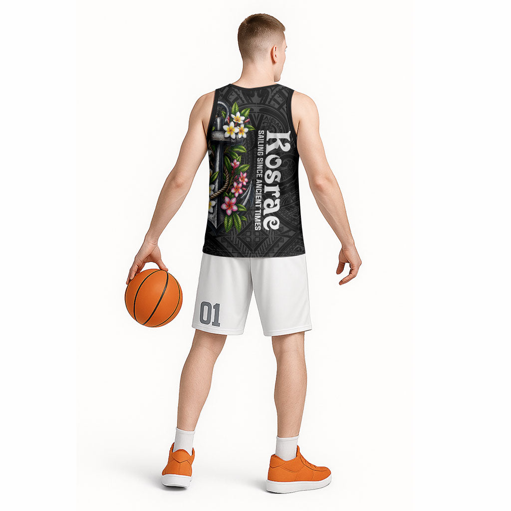 Kosrae Nautical Heritage Basketball Jersey Polynesian Tribal Anchor With Plumeria Tropical Art