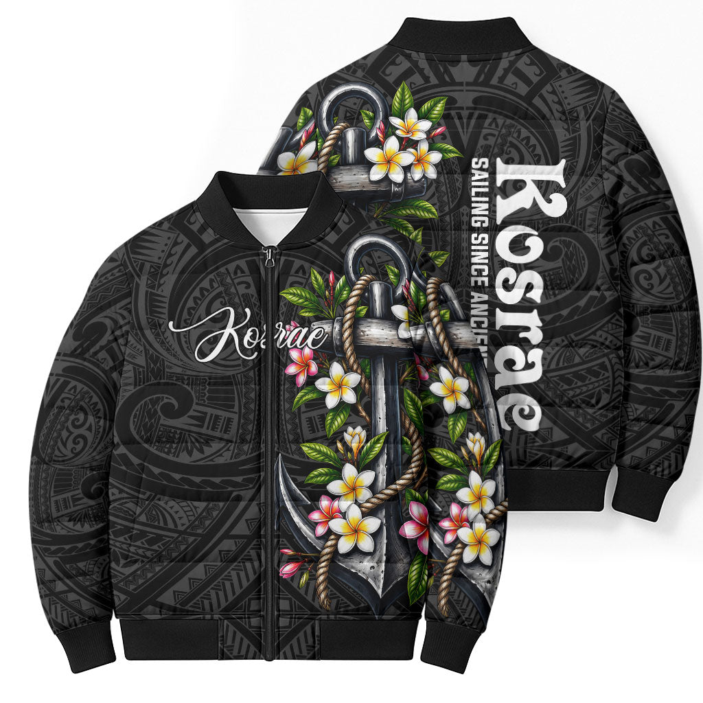 Kosrae Nautical Heritage Bomber Puffer Jacket Polynesian Tribal Anchor With Plumeria Tropical Art