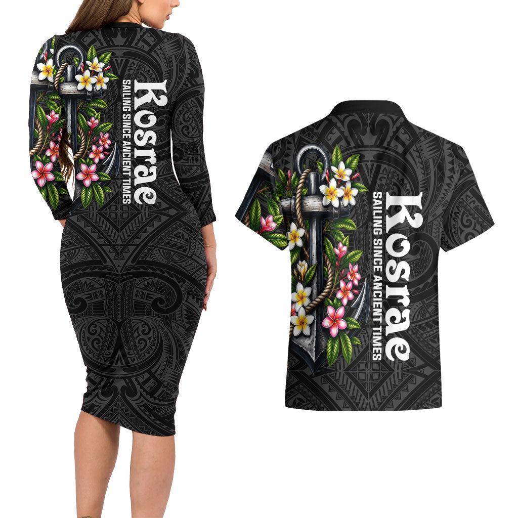 Kosrae Nautical Heritage Couples Matching Long Sleeve Bodycon Dress and Hawaiian Shirt Polynesian Tribal Anchor With Plumeria Tropical Art