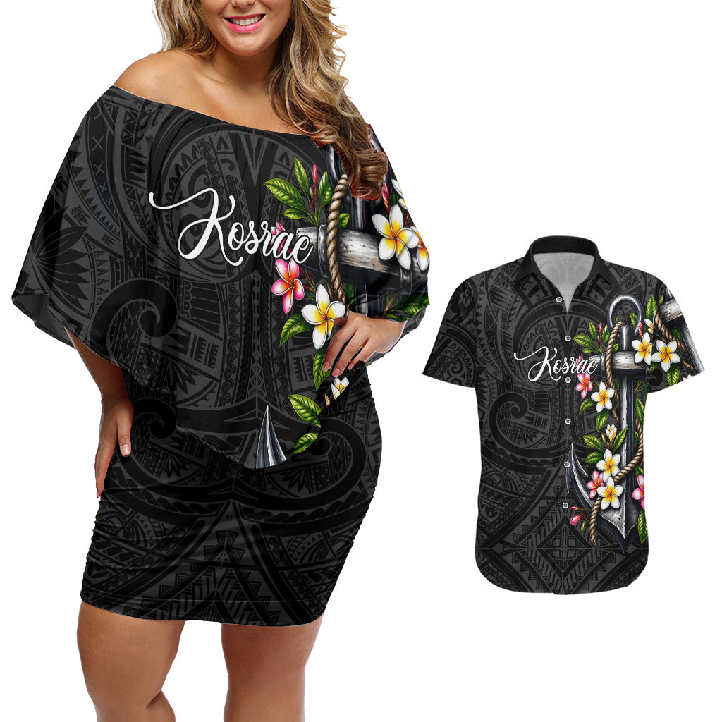 Kosrae Nautical Heritage Couples Matching Off Shoulder Short Dress and Hawaiian Shirt Polynesian Tribal Anchor With Plumeria Tropical Art