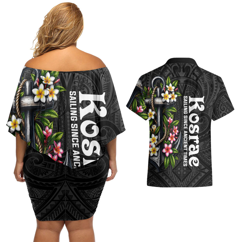 Kosrae Nautical Heritage Couples Matching Off Shoulder Short Dress and Hawaiian Shirt Polynesian Tribal Anchor With Plumeria Tropical Art