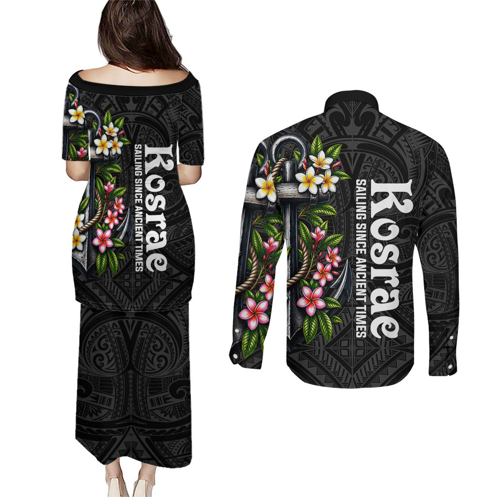 Kosrae Nautical Heritage Couples Matching Puletasi and Long Sleeve Button Shirt Polynesian Tribal Anchor With Plumeria Tropical Art