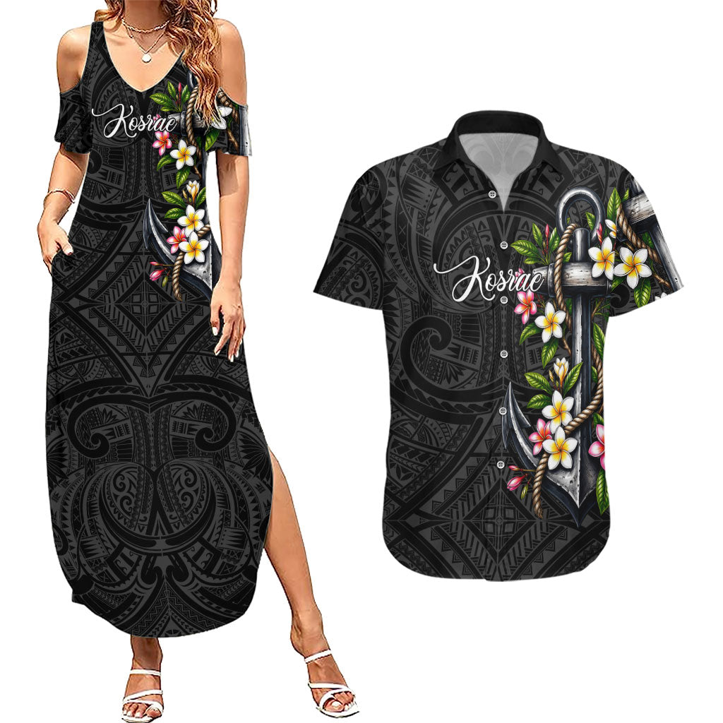 Kosrae Nautical Heritage Couples Matching Summer Maxi Dress and Hawaiian Shirt Polynesian Tribal Anchor With Plumeria Tropical Art