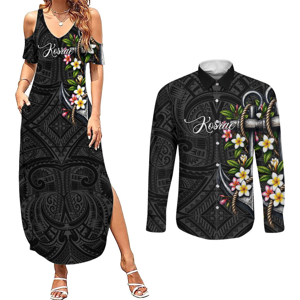 Kosrae Nautical Heritage Couples Matching Summer Maxi Dress and Long Sleeve Button Shirt Polynesian Tribal Anchor With Plumeria Tropical Art