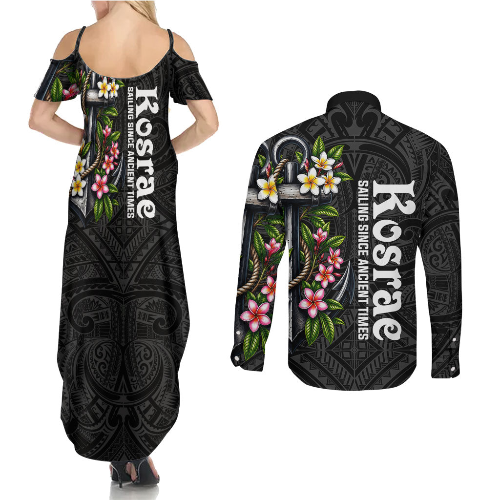 Kosrae Nautical Heritage Couples Matching Summer Maxi Dress and Long Sleeve Button Shirt Polynesian Tribal Anchor With Plumeria Tropical Art