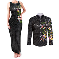 Kosrae Nautical Heritage Couples Matching Tank Maxi Dress and Long Sleeve Button Shirt Polynesian Tribal Anchor With Plumeria Tropical Art