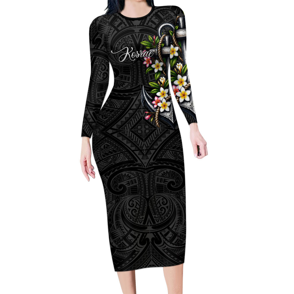 Kosrae Nautical Heritage Family Matching Long Sleeve Bodycon Dress and Hawaiian Shirt Polynesian Tribal Anchor With Plumeria Tropical Art