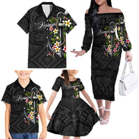 Kosrae Nautical Heritage Family Matching Off The Shoulder Long Sleeve Dress and Hawaiian Shirt Polynesian Tribal Anchor With Plumeria Tropical Art