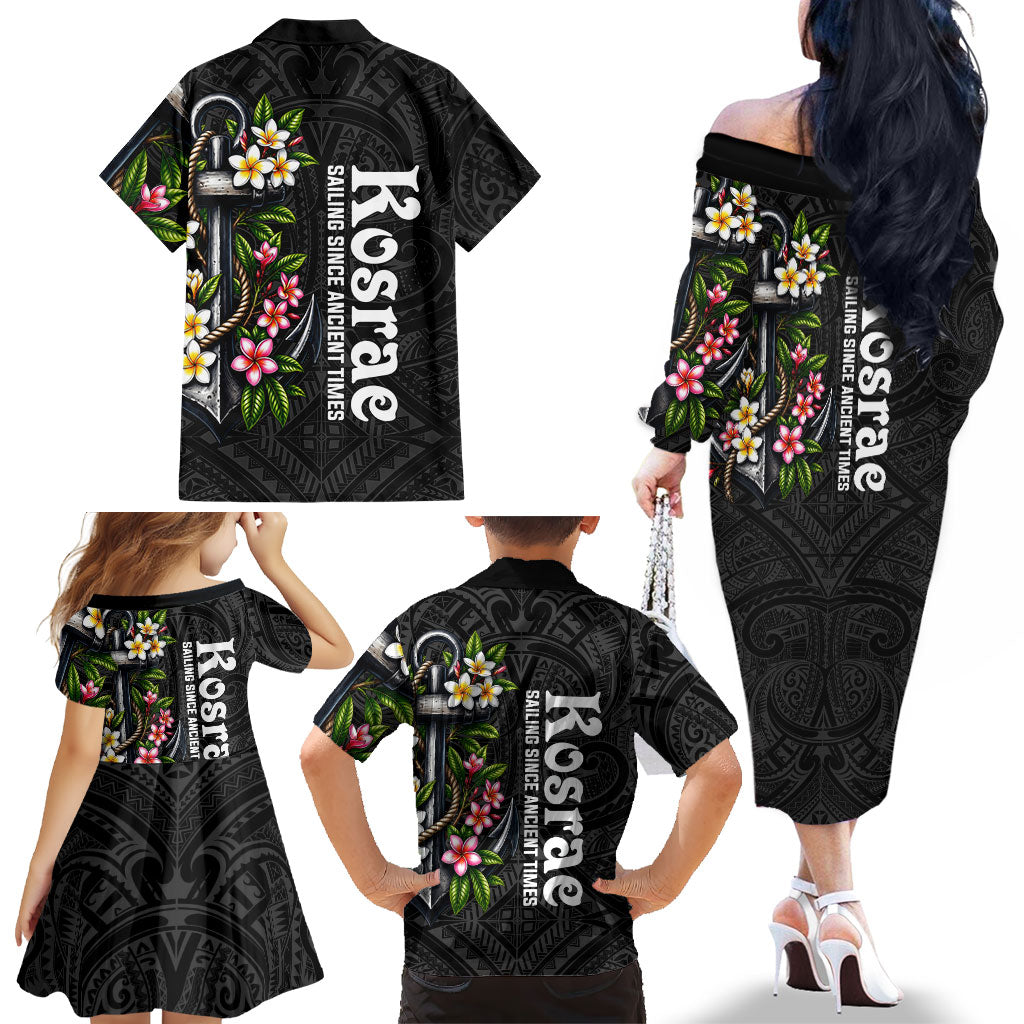 Kosrae Nautical Heritage Family Matching Off The Shoulder Long Sleeve Dress and Hawaiian Shirt Polynesian Tribal Anchor With Plumeria Tropical Art