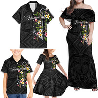 Kosrae Nautical Heritage Family Matching Off Shoulder Maxi Dress and Hawaiian Shirt Polynesian Tribal Anchor With Plumeria Tropical Art