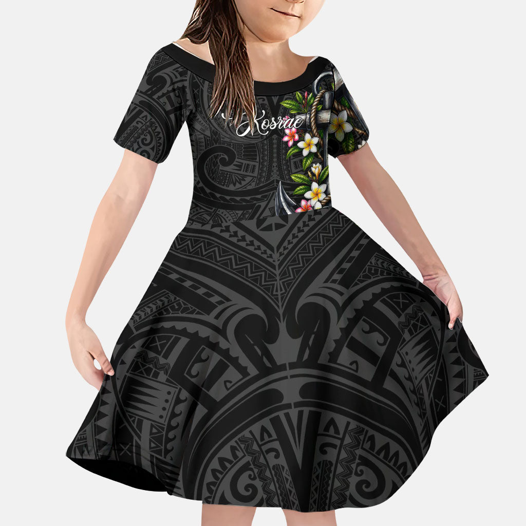 Kosrae Nautical Heritage Family Matching Off Shoulder Short Dress and Hawaiian Shirt Polynesian Tribal Anchor With Plumeria Tropical Art