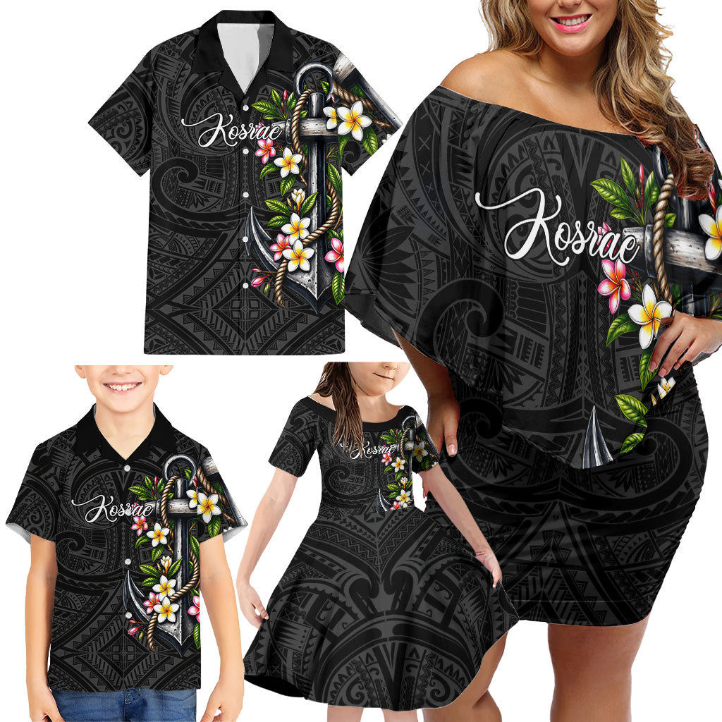 Kosrae Nautical Heritage Family Matching Off Shoulder Short Dress and Hawaiian Shirt Polynesian Tribal Anchor With Plumeria Tropical Art