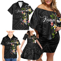 Kosrae Nautical Heritage Family Matching Off Shoulder Short Dress and Hawaiian Shirt Polynesian Tribal Anchor With Plumeria Tropical Art