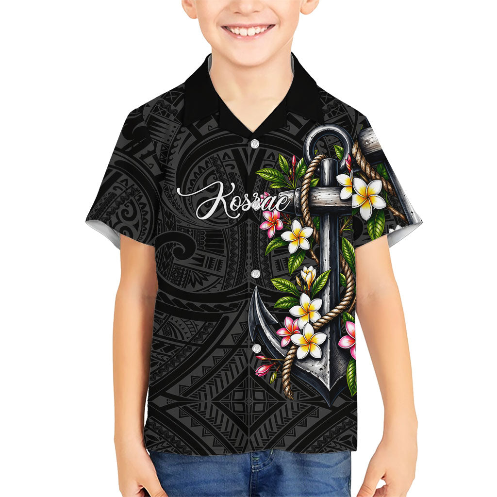 Kosrae Nautical Heritage Family Matching Off Shoulder Short Dress and Hawaiian Shirt Polynesian Tribal Anchor With Plumeria Tropical Art