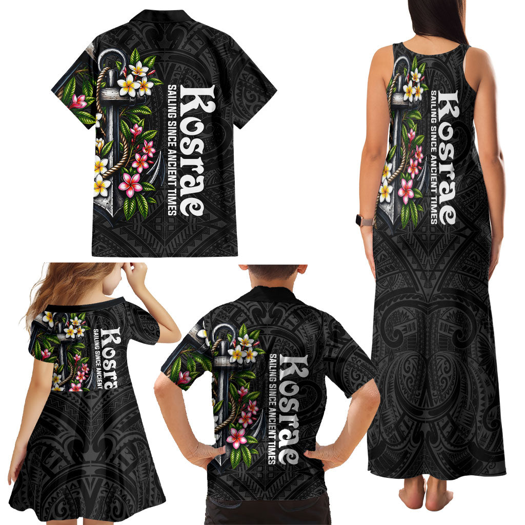 Kosrae Nautical Heritage Family Matching Tank Maxi Dress and Hawaiian Shirt Polynesian Tribal Anchor With Plumeria Tropical Art