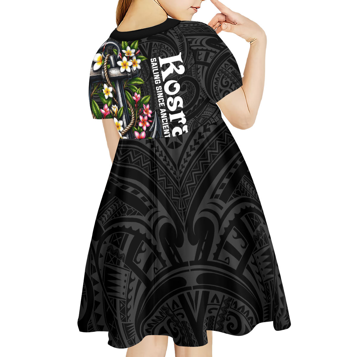 Kosrae Nautical Heritage Kid Short Sleeve Dress Polynesian Tribal Anchor With Plumeria Tropical Art