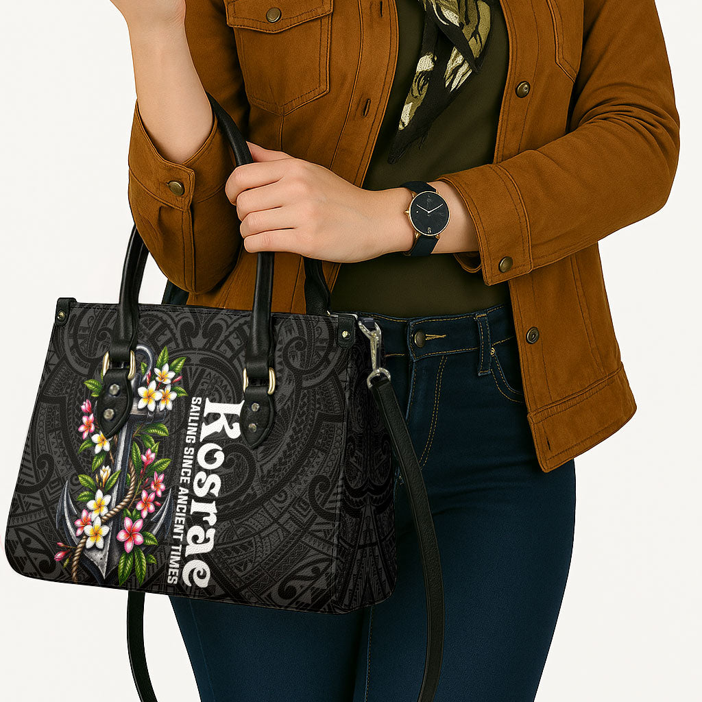 Kosrae Nautical Heritage Leather Bag Polynesian Tribal Anchor With Plumeria Tropical Art