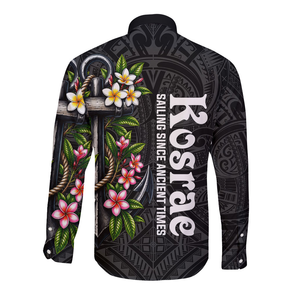 Kosrae Nautical Heritage Long Sleeve Button Shirt Polynesian Tribal Anchor With Plumeria Tropical Art