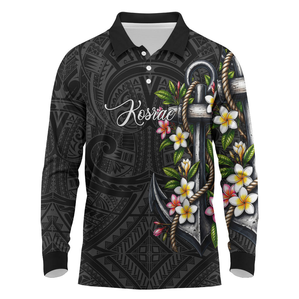 Kosrae Nautical Heritage Long Sleeve Polo Shirt Polynesian Tribal Anchor With Plumeria Tropical Art