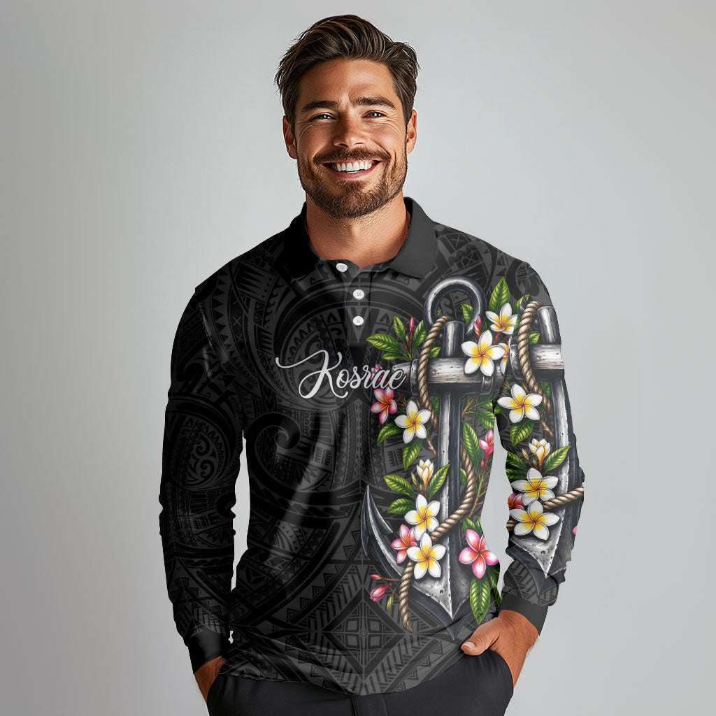 Kosrae Nautical Heritage Long Sleeve Polo Shirt Polynesian Tribal Anchor With Plumeria Tropical Art