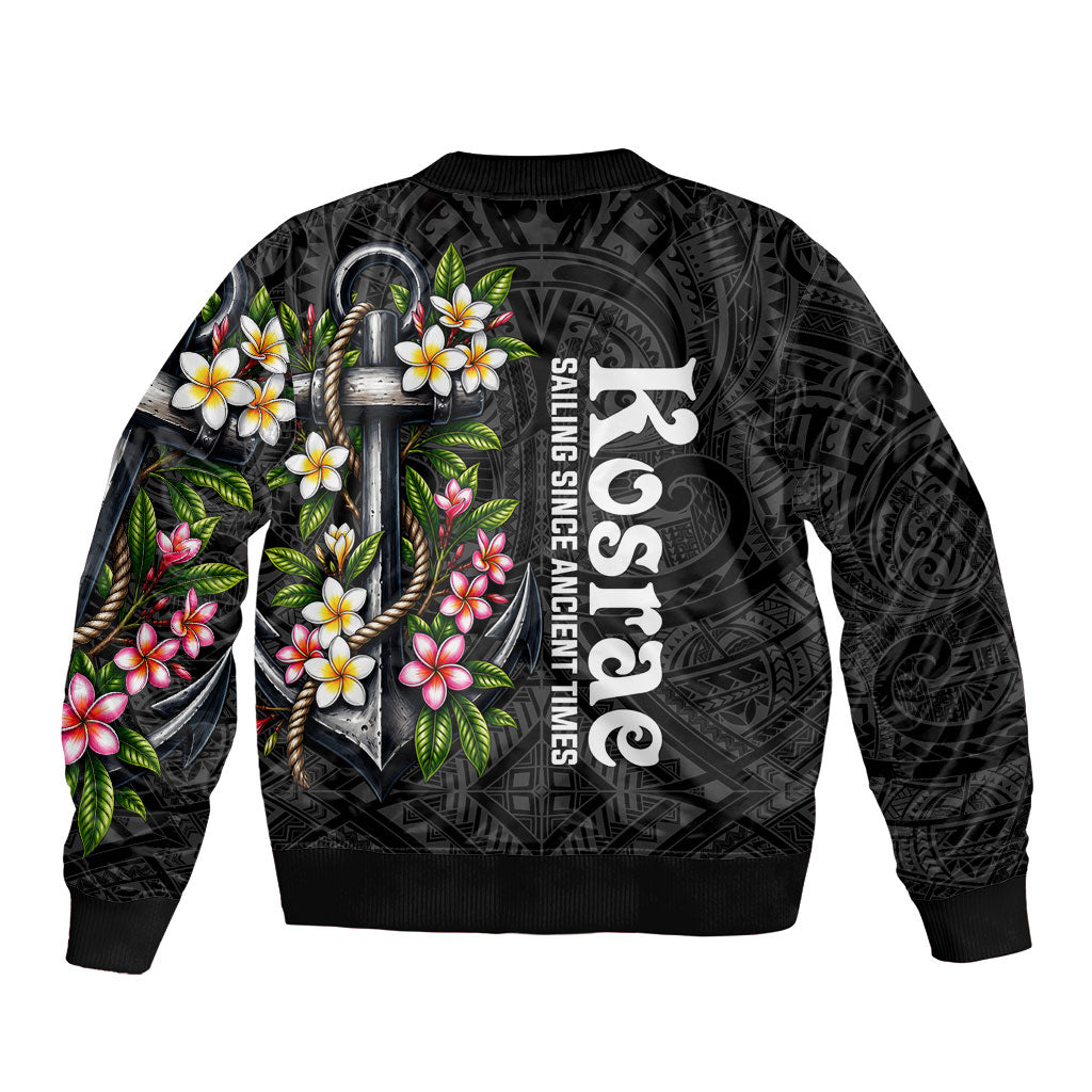 Kosrae Nautical Heritage Sleeve Zip Bomber Jacket Polynesian Tribal Anchor With Plumeria Tropical Art