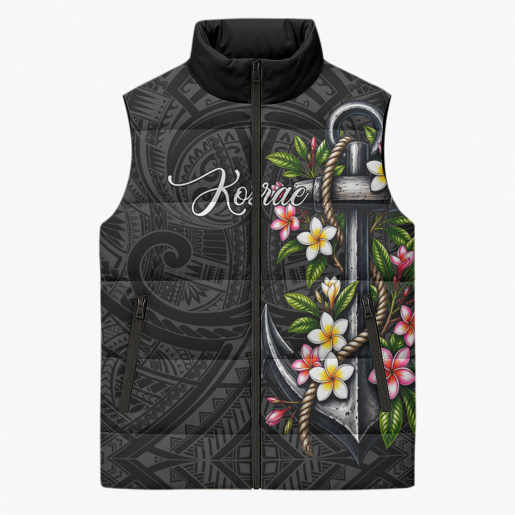 Kosrae Nautical Heritage Sleeveless Puffer Jacket Polynesian Tribal Anchor With Plumeria Tropical Art
