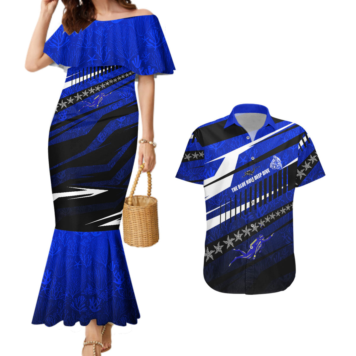 Kosrae Deep Sea Scuba Diving Couples Matching Mermaid Dress and Hawaiian Shirt Blue Hole Beneath The Surface Coral Reef Graphic Art