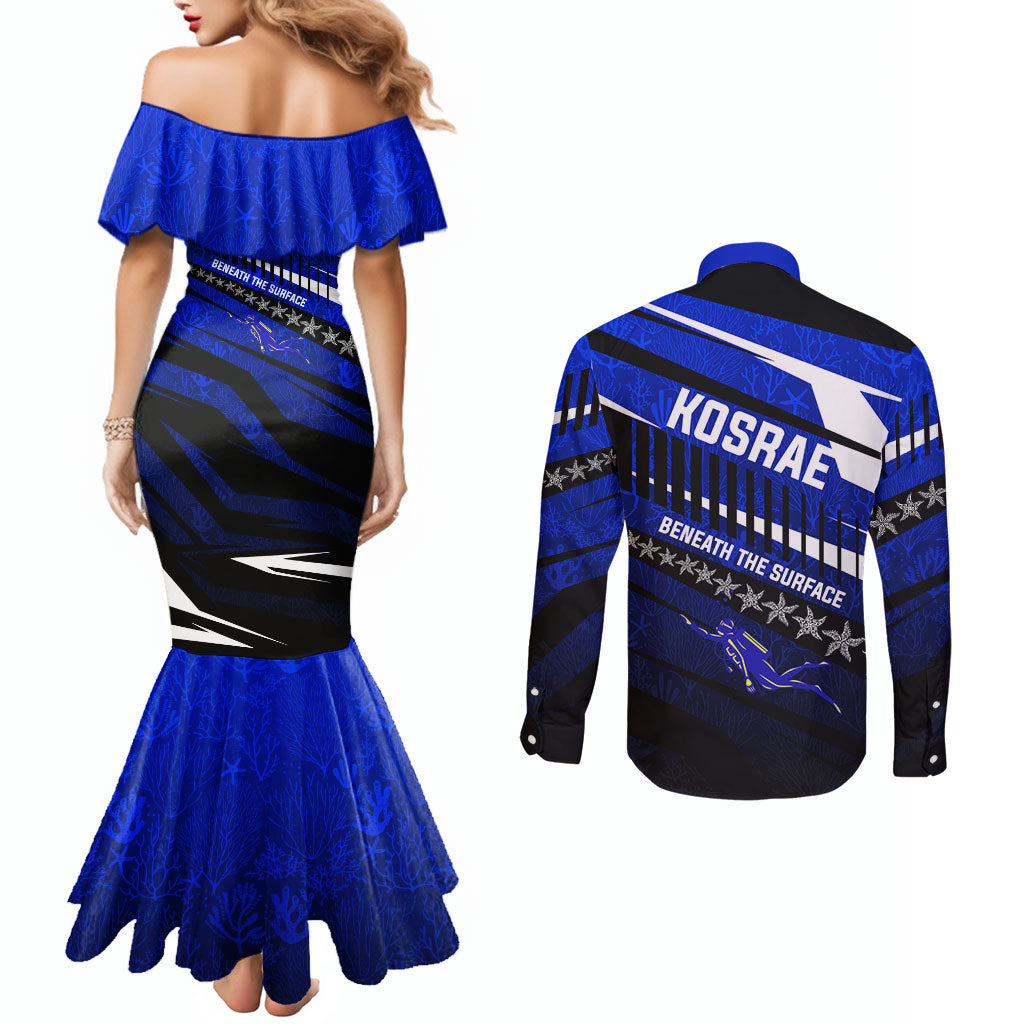 Kosrae Deep Sea Scuba Diving Couples Matching Mermaid Dress and Long Sleeve Button Shirt Blue Hole Beneath The Surface Coral Reef Graphic Art