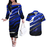Kosrae Deep Sea Scuba Diving Couples Matching Off The Shoulder Long Sleeve Dress and Hawaiian Shirt Blue Hole Beneath The Surface Coral Reef Graphic Art