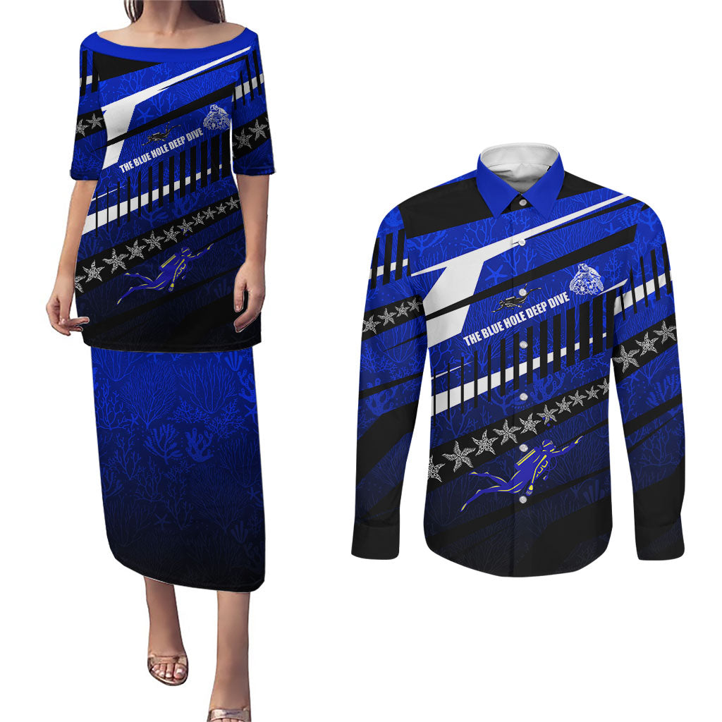 Kosrae Deep Sea Scuba Diving Couples Matching Puletasi and Long Sleeve Button Shirt Blue Hole Beneath The Surface Coral Reef Graphic Art
