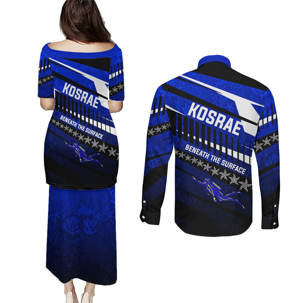Kosrae Deep Sea Scuba Diving Couples Matching Puletasi and Long Sleeve Button Shirt Blue Hole Beneath The Surface Coral Reef Graphic Art