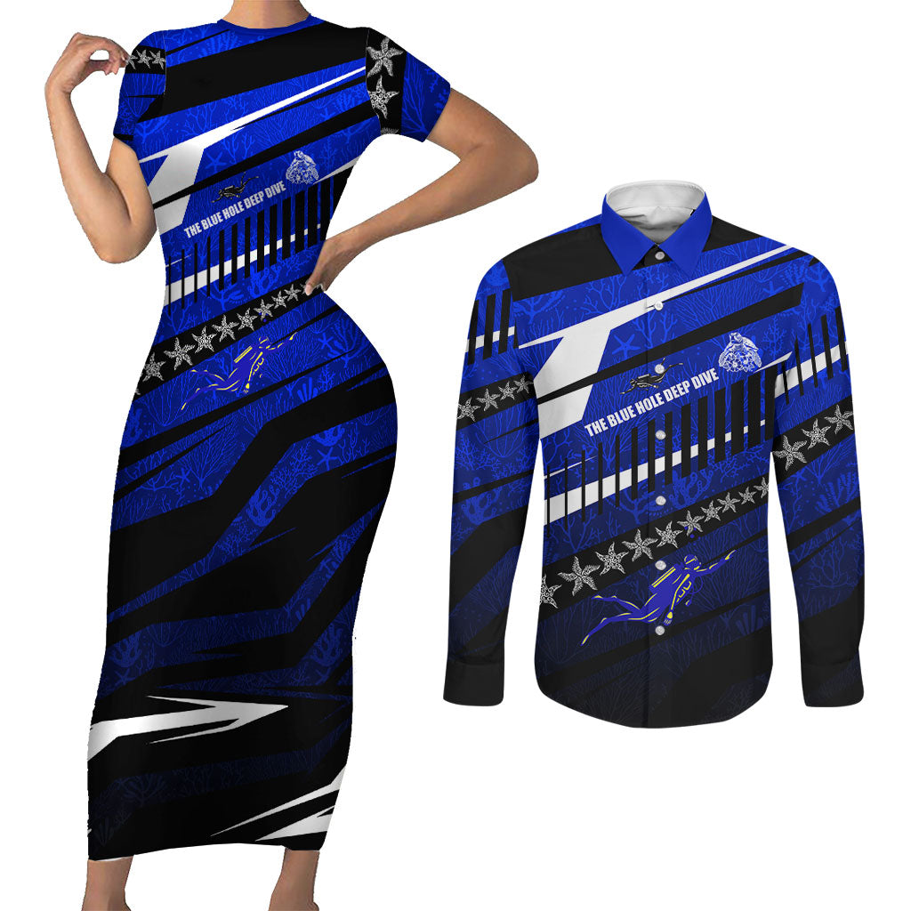 Kosrae Deep Sea Scuba Diving Couples Matching Short Sleeve Bodycon Dress and Long Sleeve Button Shirt Blue Hole Beneath The Surface Coral Reef Graphic Art
