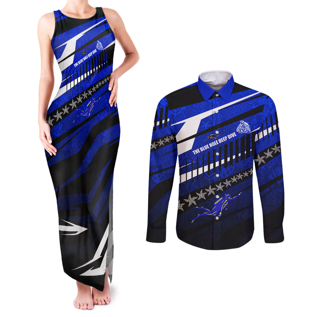 Kosrae Deep Sea Scuba Diving Couples Matching Tank Maxi Dress and Long Sleeve Button Shirt Blue Hole Beneath The Surface Coral Reef Graphic Art