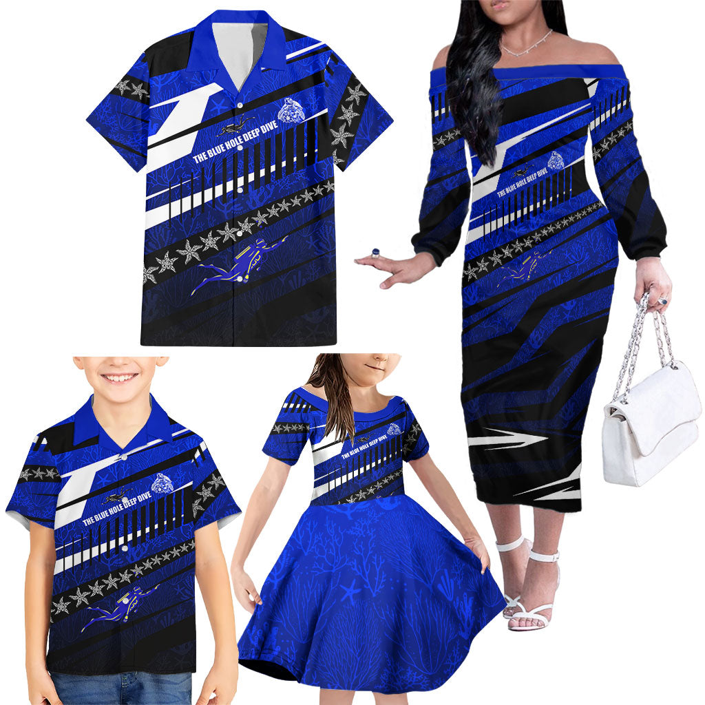 Kosrae Deep Sea Scuba Diving Family Matching Off The Shoulder Long Sleeve Dress and Hawaiian Shirt Blue Hole Beneath The Surface Coral Reef Graphic Art