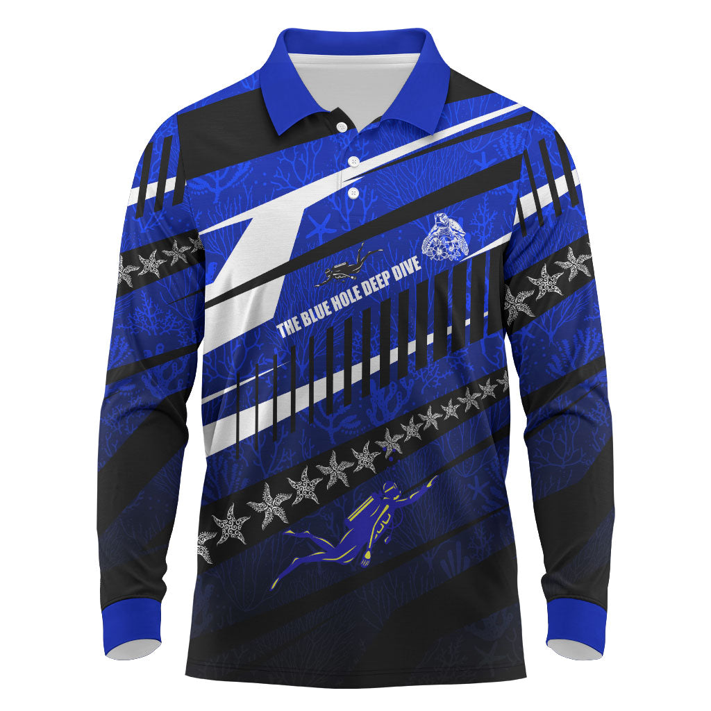 Kosrae Deep Sea Scuba Diving Long Sleeve Polo Shirt Blue Hole Beneath The Surface Coral Reef Graphic Art