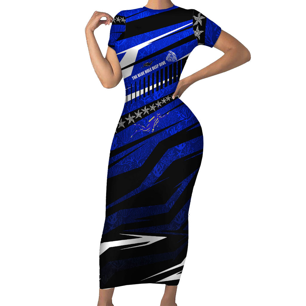 Kosrae Deep Sea Scuba Diving Short Sleeve Bodycon Dress Blue Hole Beneath The Surface Coral Reef Graphic Art