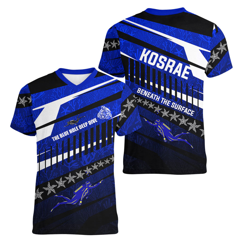 Kosrae Deep Sea Scuba Diving Women V-Neck T-Shirt Blue Hole Beneath The Surface Coral Reef Graphic Art