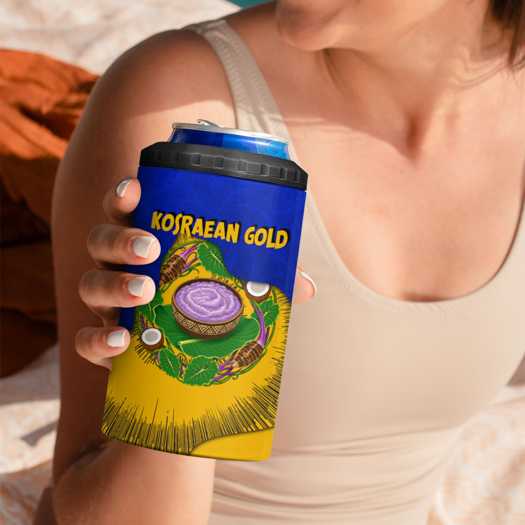 Kosrae Fafa Culinary Heritage 4 in 1 Can Cooler Tumbler Kosraean Gold Taro Tradition Illustration With Coconut Leaves