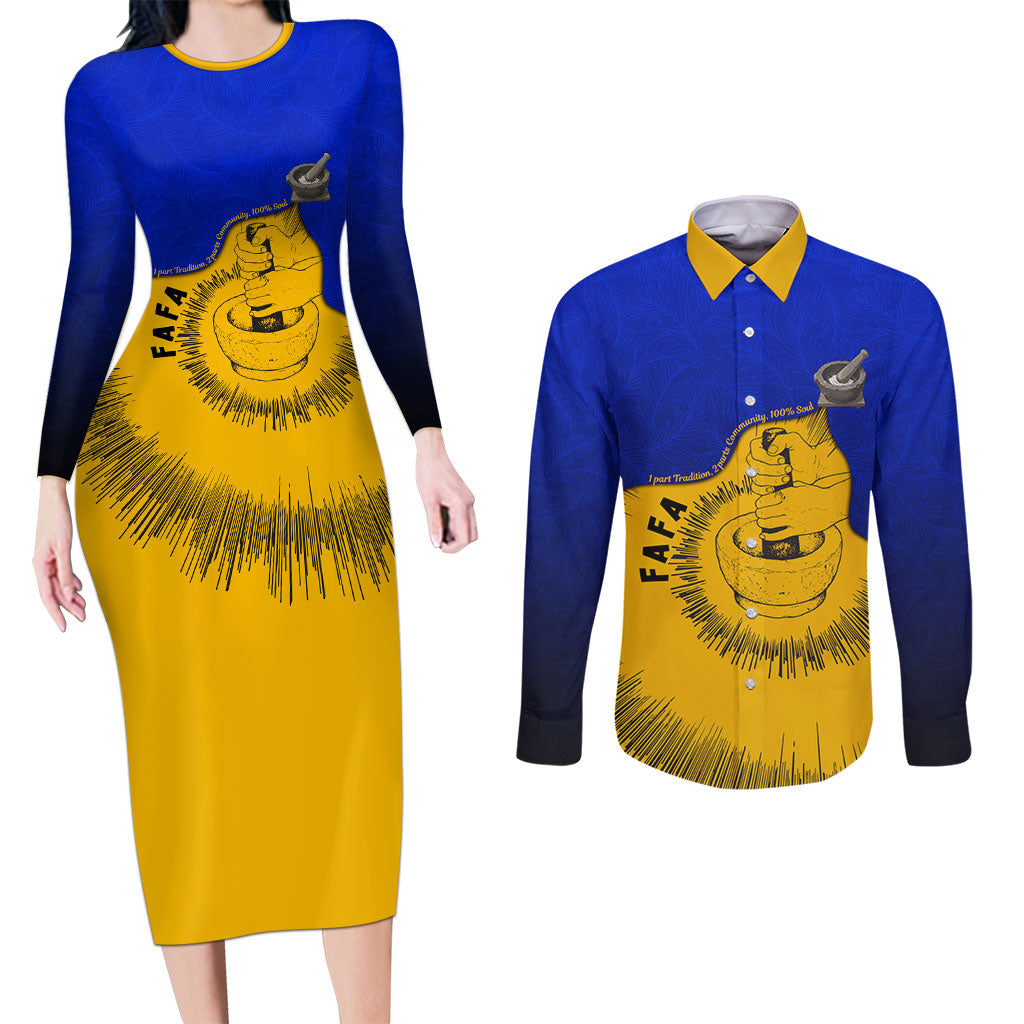 Kosrae Fafa Culinary Heritage Couples Matching Long Sleeve Bodycon Dress and Long Sleeve Button Shirt Kosraean Gold Taro Tradition Illustration With Coconut Leaves