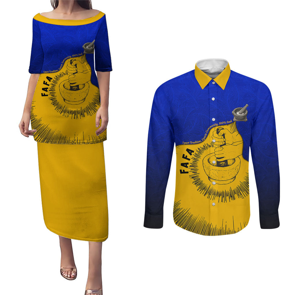 Kosrae Fafa Culinary Heritage Couples Matching Puletasi and Long Sleeve Button Shirt Kosraean Gold Taro Tradition Illustration With Coconut Leaves
