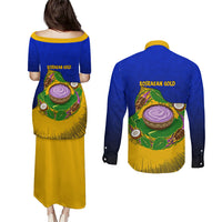 Kosrae Fafa Culinary Heritage Couples Matching Puletasi and Long Sleeve Button Shirt Kosraean Gold Taro Tradition Illustration With Coconut Leaves
