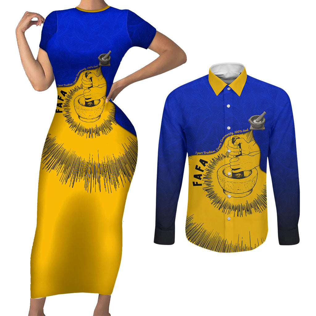 Kosrae Fafa Culinary Heritage Couples Matching Short Sleeve Bodycon Dress and Long Sleeve Button Shirt Kosraean Gold Taro Tradition Illustration With Coconut Leaves