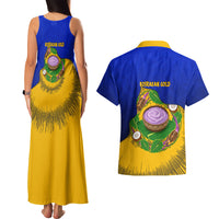 Kosrae Fafa Culinary Heritage Couples Matching Tank Maxi Dress and Hawaiian Shirt Kosraean Gold Taro Tradition Illustration With Coconut Leaves