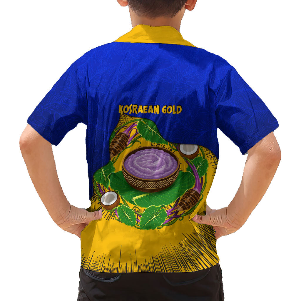 Kosrae Fafa Culinary Heritage Family Matching Off Shoulder Short Dress and Hawaiian Shirt Kosraean Gold Taro Tradition Illustration With Coconut Leaves