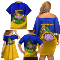 Kosrae Fafa Culinary Heritage Family Matching Off Shoulder Short Dress and Hawaiian Shirt Kosraean Gold Taro Tradition Illustration With Coconut Leaves
