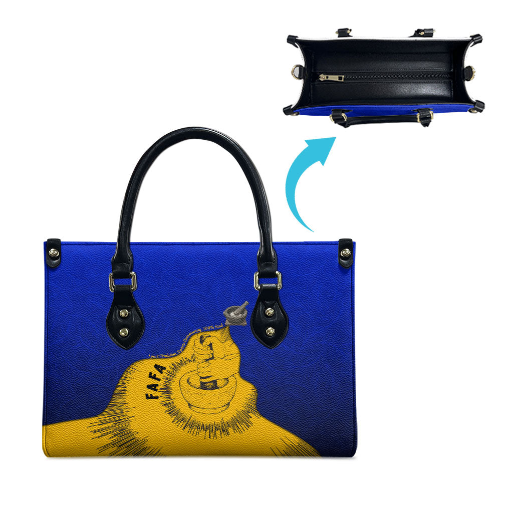 Kosrae Fafa Culinary Heritage Leather Bag Kosraean Gold Taro Tradition Illustration With Coconut Leaves