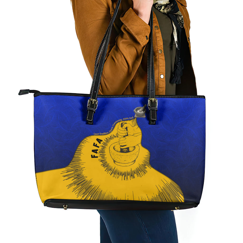 Kosrae Fafa Culinary Heritage Leather Tote Bag Kosraean Gold Taro Tradition Illustration With Coconut Leaves