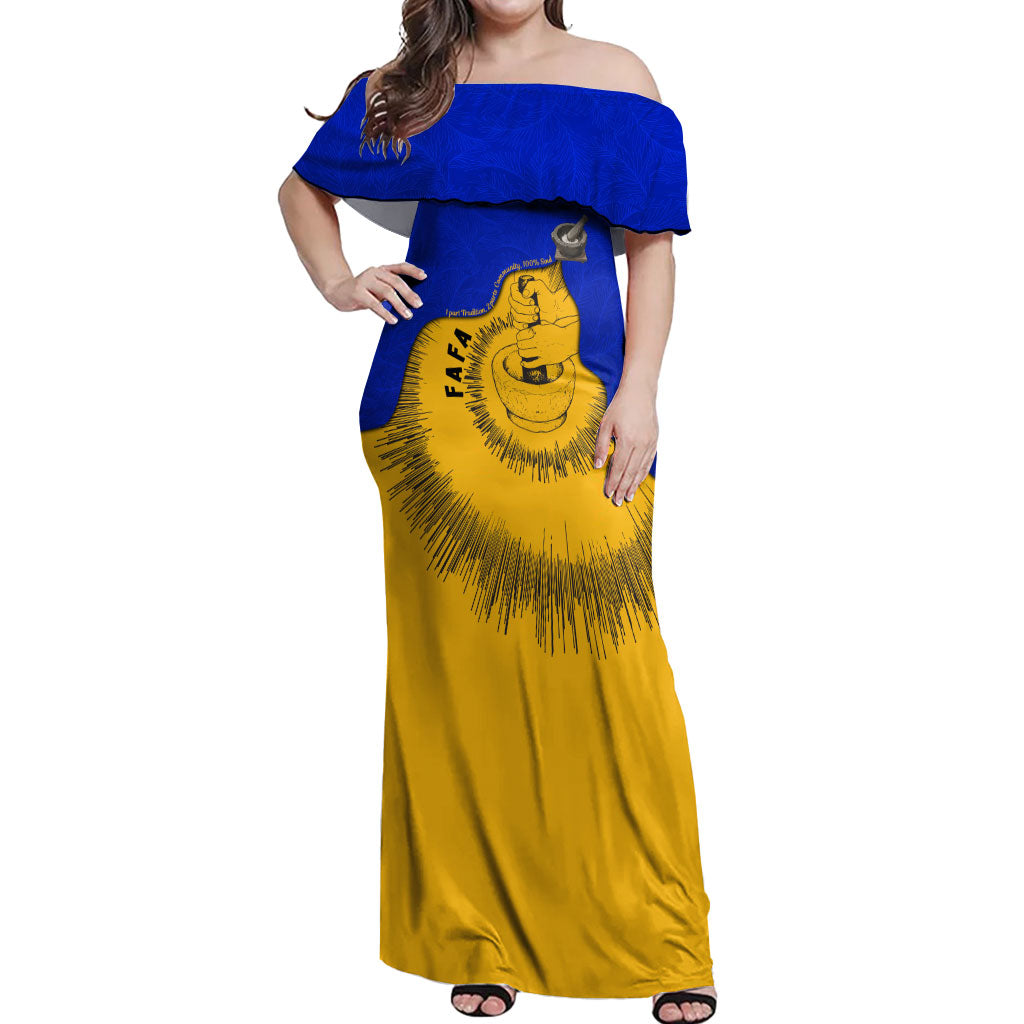 Kosrae Fafa Culinary Heritage Off Shoulder Maxi Dress Kosraean Gold Taro Tradition Illustration With Coconut Leaves TS04 Women Blue Yellow - Polynesian Pride